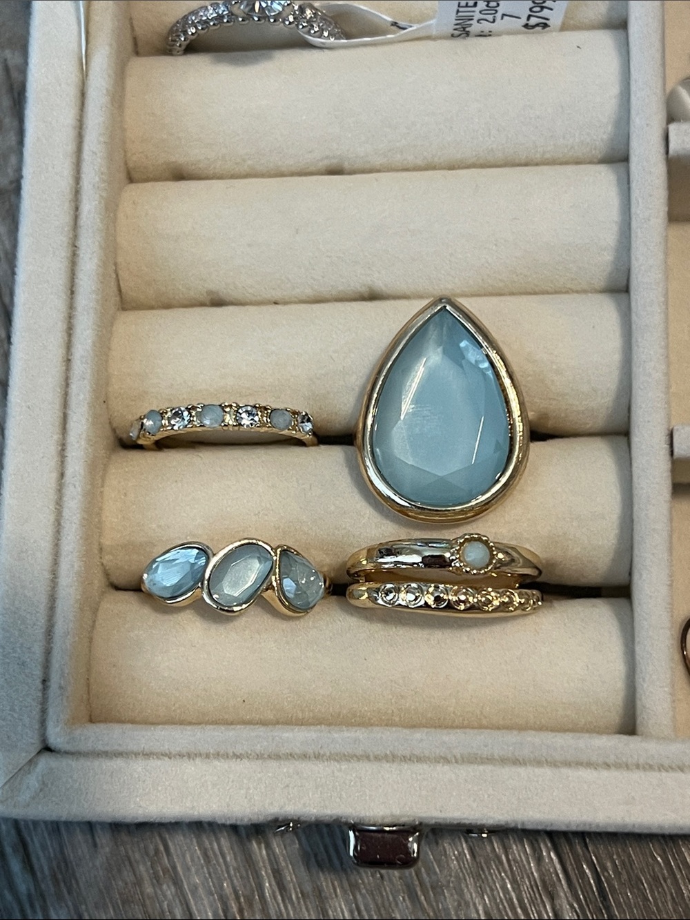 Gold-Plated Teardrop & Band Stackable Rings with Light Blue Gemstones